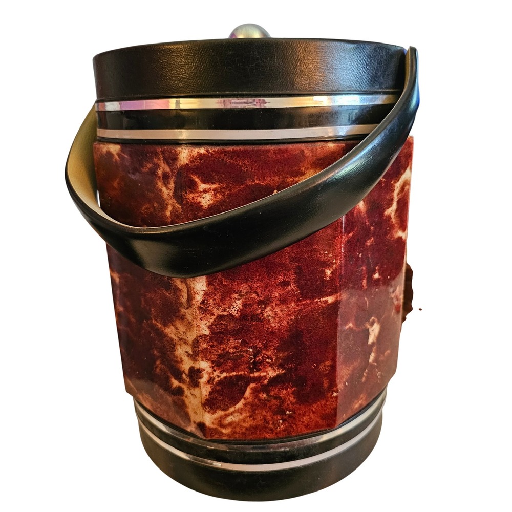 1970s Elmar Mfg Faux Tortoise Shell Ice Bucket Mid Century Modern Burgundy MCM
